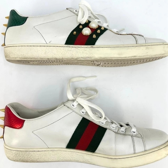 Gucci Sneakers Leather Ace Sherry Line Pearl Studs Size 36.5 - Picture 3 of 11